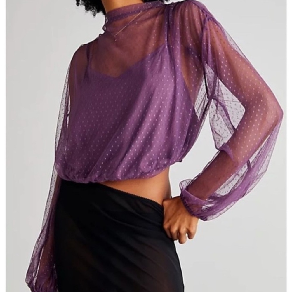 Free People Women Ellie Sheer Mesh Long Sleeve Crop Blouse Top